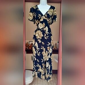 NWOT MAJICK Black Fitted Floral Maxi Dress Flutter Sleeve Corset Waist Sequins